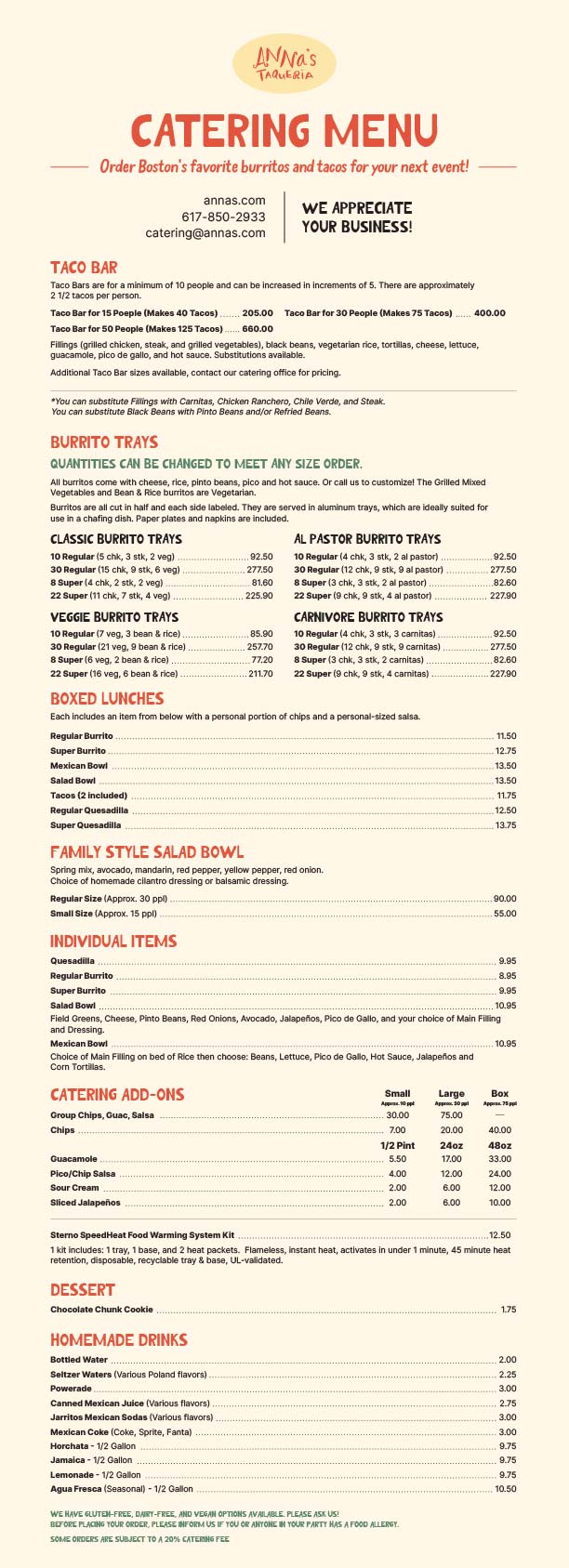 Anna's Taqueria catering menu