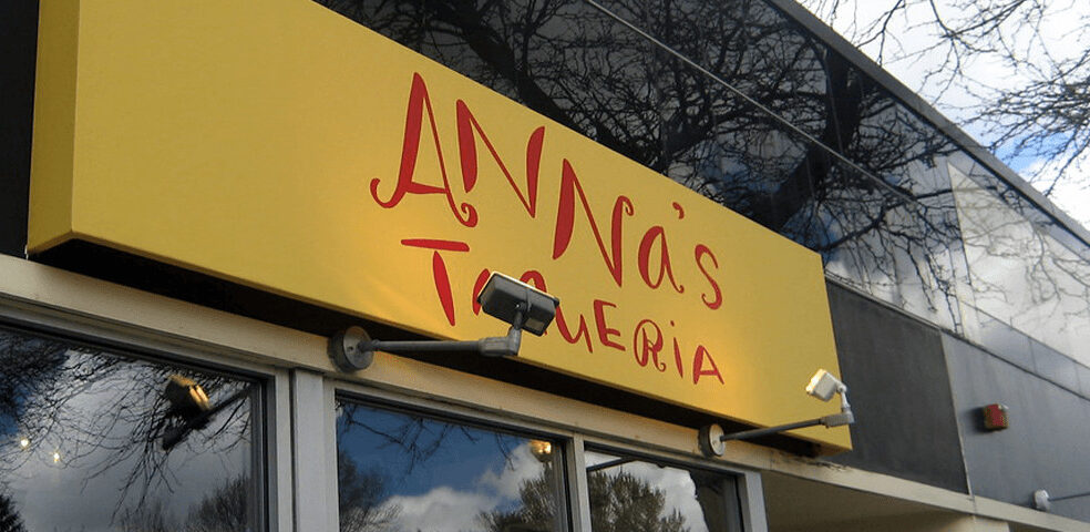 Exterior shot of the Anna's Taqueria Davis Square, Somerville location