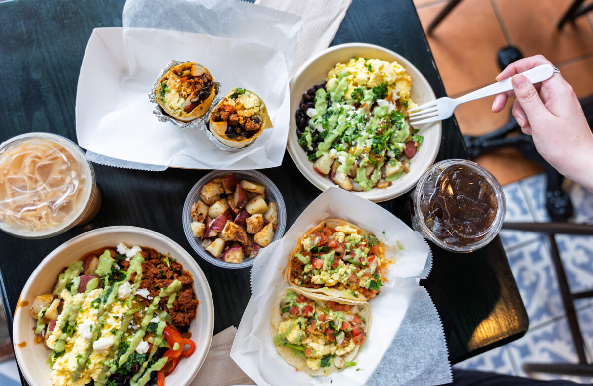Anna's Taqueria Breakfast spread with tacos, burritos, bowls and quesadillas with eggs
