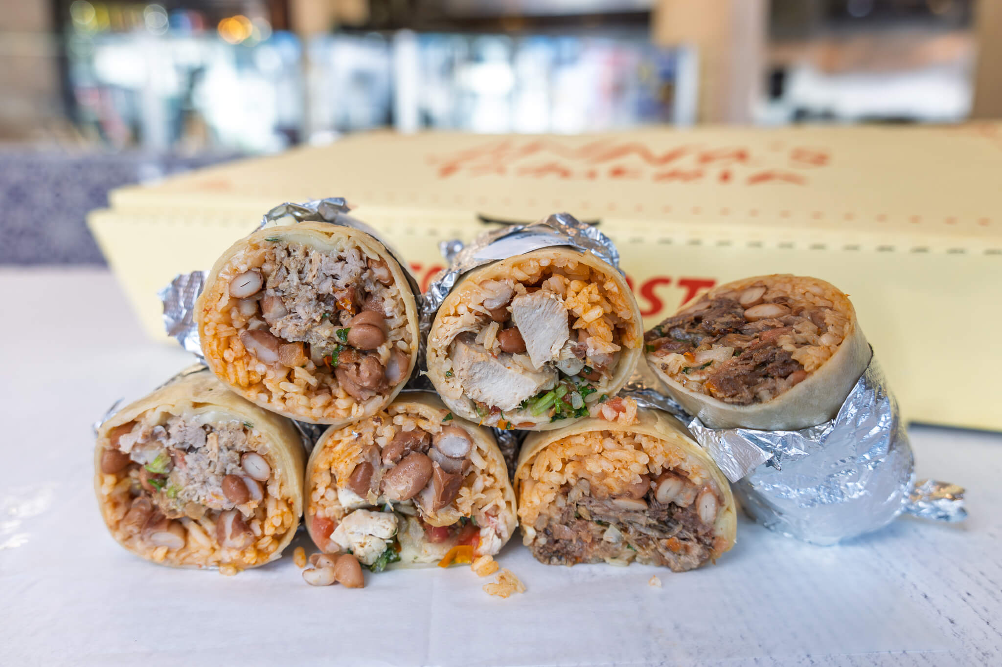 Anna's Taqueria chicken, steak, and carnitas burritos